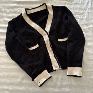 Black and Cream V-Neck Button Cardigan Sweater